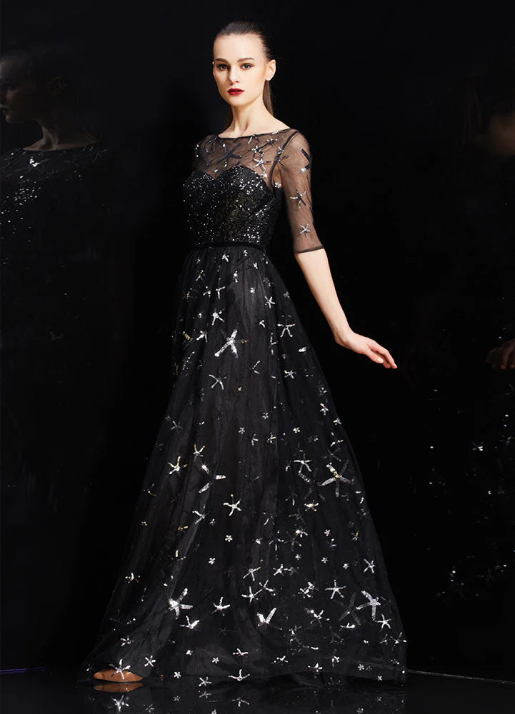 Amazing Bateau Neck Illusion Sweetheart Sequin Star Half Sleeves Tulle evening dress - Image 3