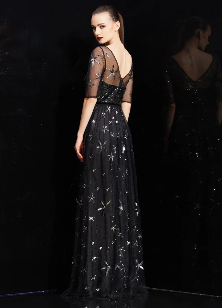 Amazing Bateau Neck Illusion Sweetheart Sequin Star Half Sleeves Tulle evening dress - Image 6