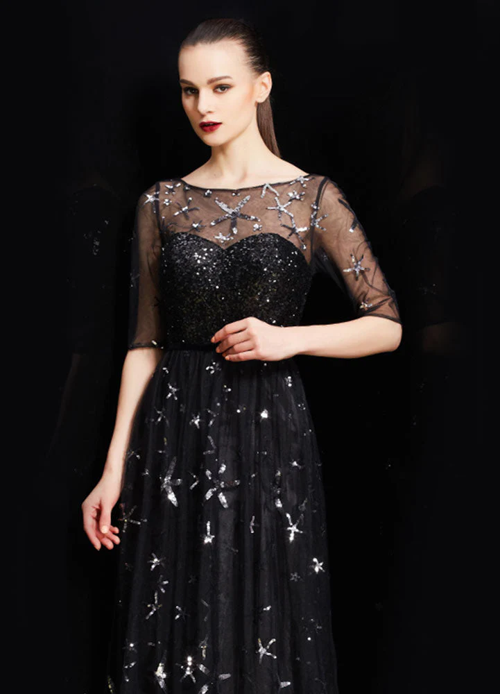 Amazing Bateau Neck Illusion Sweetheart Sequin Star Half Sleeves Tulle evening dress - Image 7