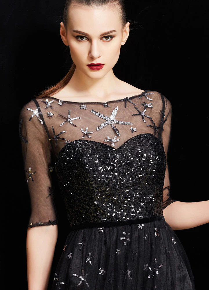 Amazing Bateau Neck Illusion Sweetheart Sequin Star Half Sleeves Tulle evening dress - Image 8