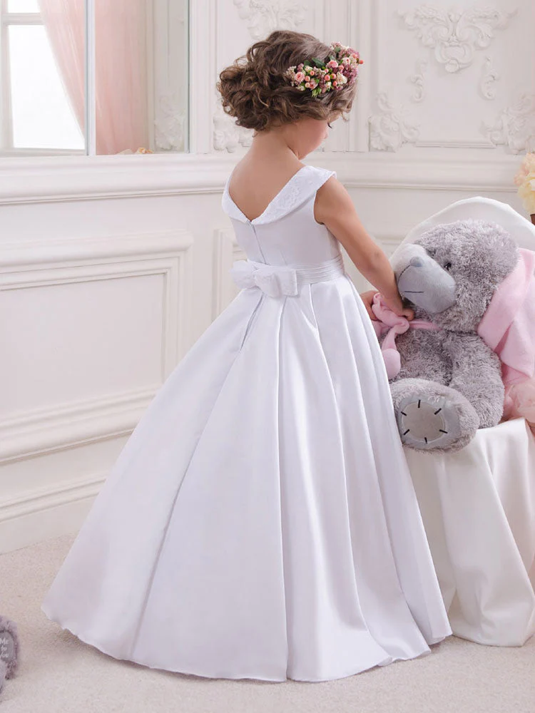 Bateau Neck Satin Fabric Sleeveless Floor Length A-Line Bows Kids Social Party Dresses - Image 2