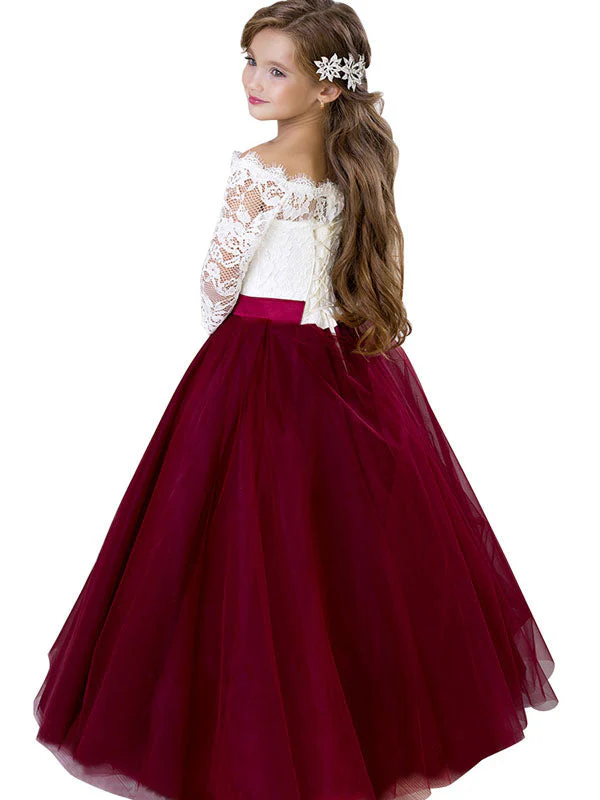 Bateau Neck Tulle Floor Length Princess Sash Kids Party Dresses - Image 2