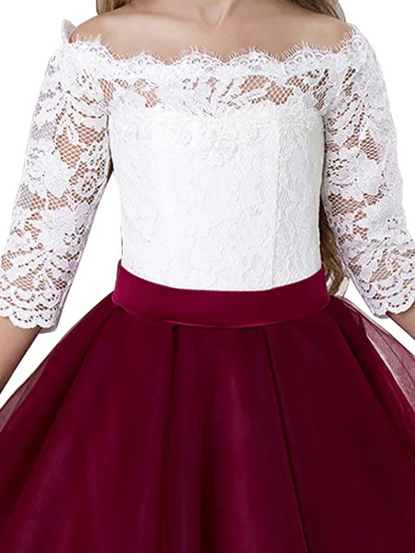 Bateau Neck Tulle Floor Length Princess Sash Kids Party Dresses - Image 3