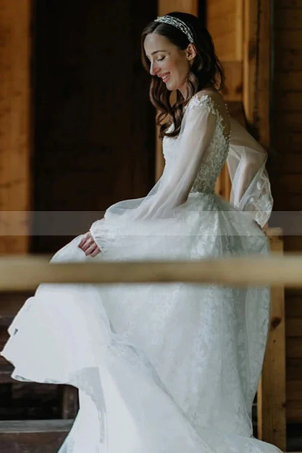 Bateau Tulle A Line Lace Long Sleevess Chapel Train White Wedding Dresses - Image 2