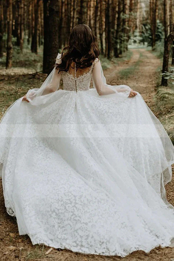 Bateau Tulle A Line Lace Long Sleevess Chapel Train White Wedding Dresses - Image 3