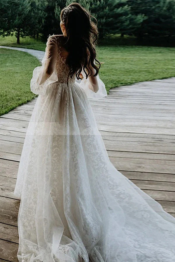 Bateau Tulle A Line Lace Long Sleevess Chapel Train White Wedding Dresses - Image 4