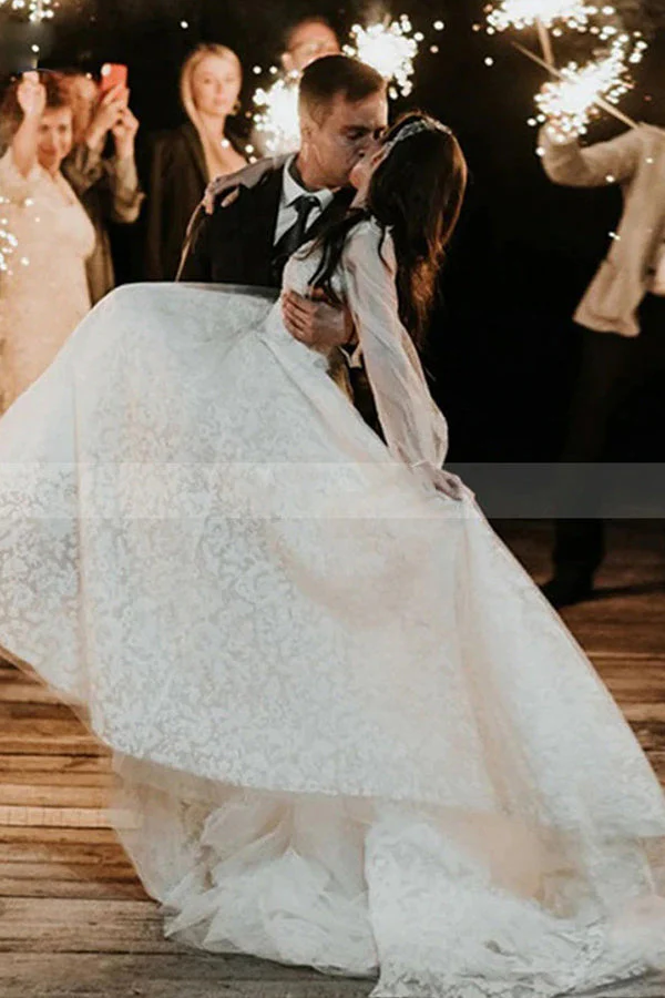 Bateau Tulle A Line Lace Long Sleevess Chapel Train White Wedding Dresses - Image 5