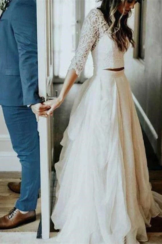 Beach Two pieces Lace sleeves Summer Beach Wedding Dress - Image 2