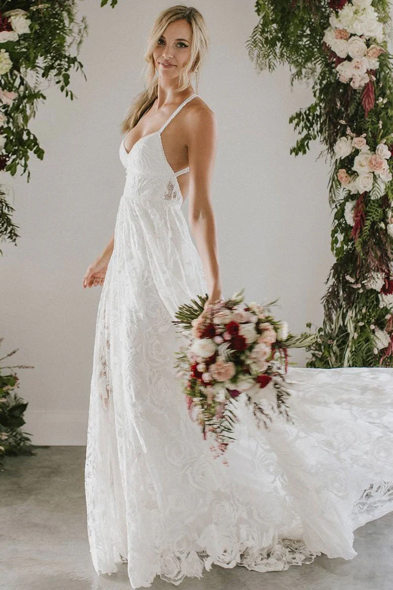 Beach Wedding Dress With Chapel Train White Chic V-Neck Sleeveless Sexy Backless Lace Split Long Bridal Gowns - Image 2