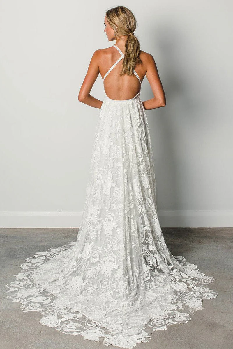 Beach Wedding Dress With Chapel Train White Chic V-Neck Sleeveless Sexy Backless Lace Split Long Bridal Gowns - Image 3