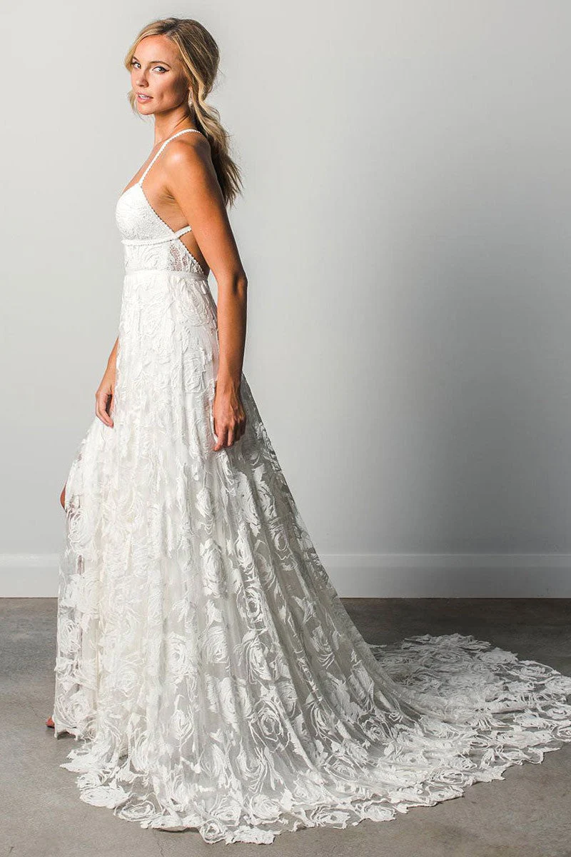 Beach Wedding Dress With Chapel Train White Chic V-Neck Sleeveless Sexy Backless Lace Split Long Bridal Gowns - Image 5