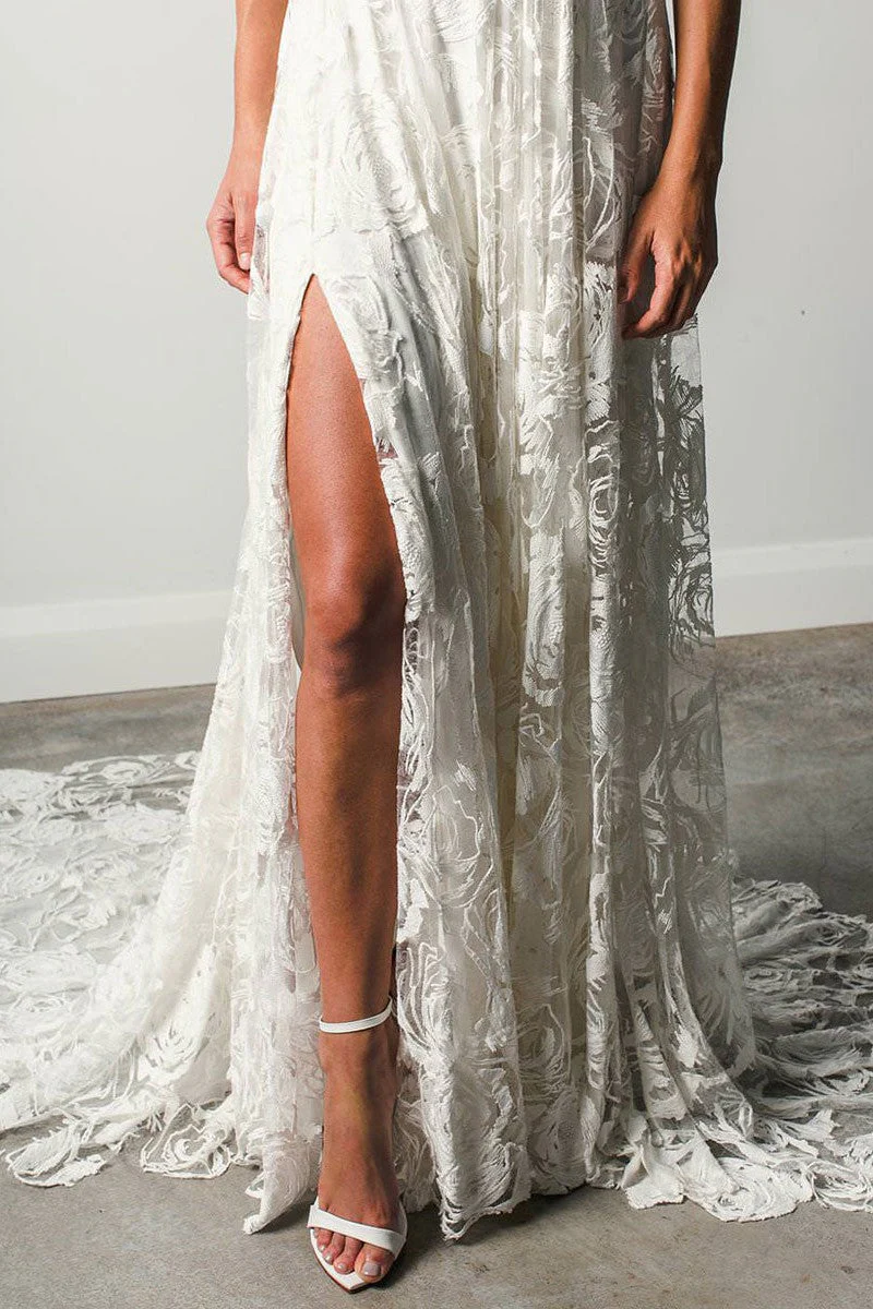 Beach Wedding Dress With Chapel Train White Chic V-Neck Sleeveless Sexy Backless Lace Split Long Bridal Gowns - Image 7