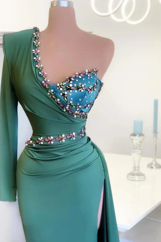 Beaded Green Long Prom Dress One Shoulder With Long Sleeve On One Side - Image 2