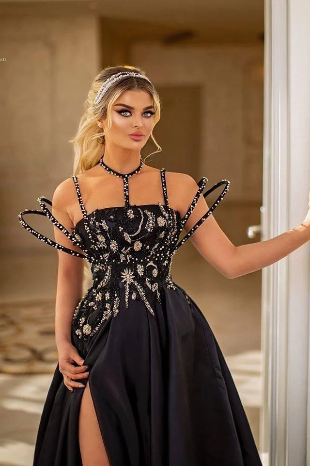 Beaded Moon and Night Black Sparkle Sequin High Split Evening Dress - Image 3