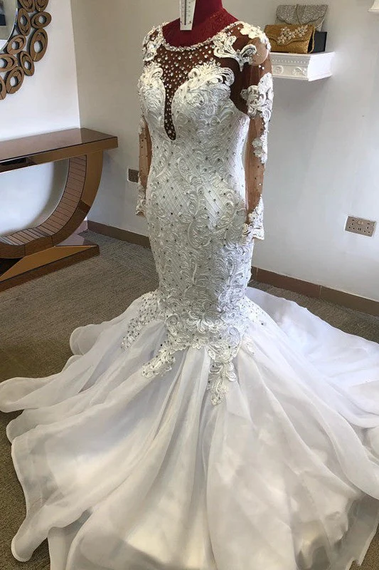 Beading Mermaid Sheer Tulle Wedding Dress Appliques Long Sleeves Bridal Dress - Image 2