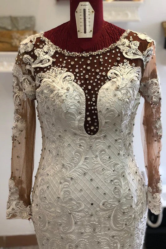 Beading Mermaid Sheer Tulle Wedding Dress Appliques Long Sleeves Bridal Dress - Image 3