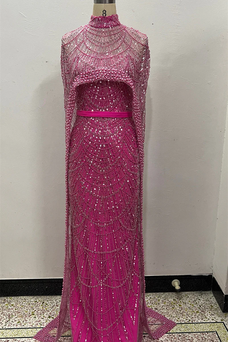 Beading Sweep Train High Neck Zipper Sleeveless Evening Dress - Image 12