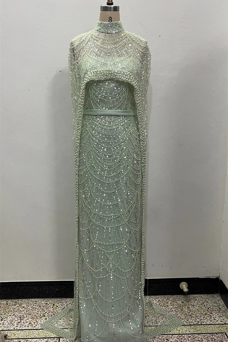 Beading Sweep Train High Neck Zipper Sleeveless Evening Dress - Image 14