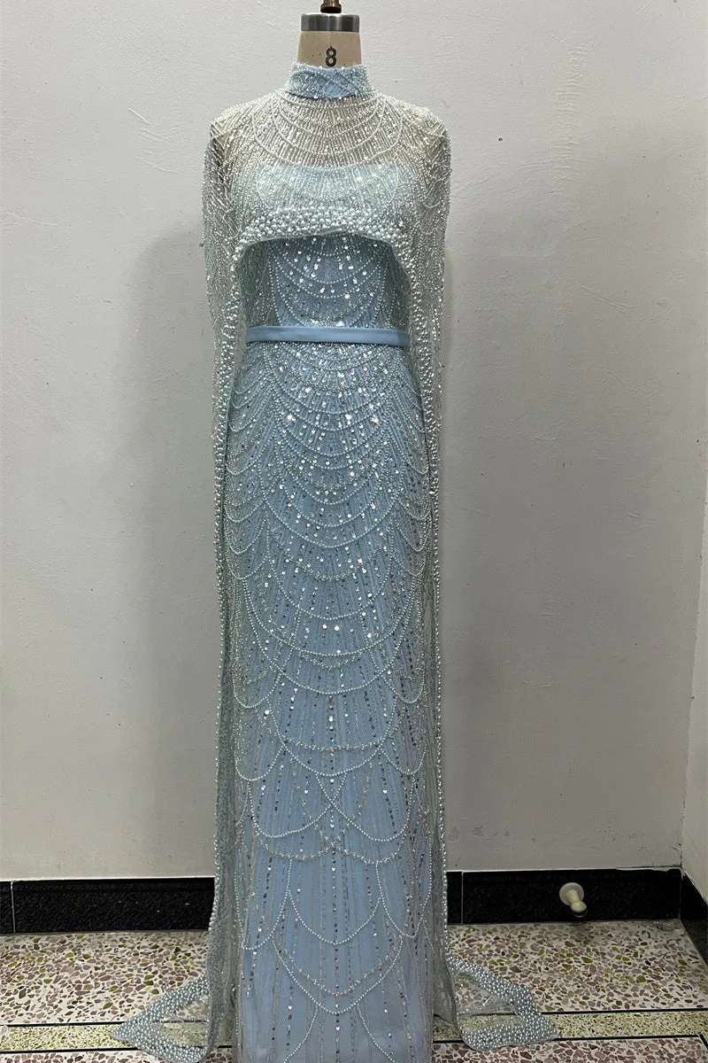 Beading Sweep Train High Neck Zipper Sleeveless Evening Dress - Image 15