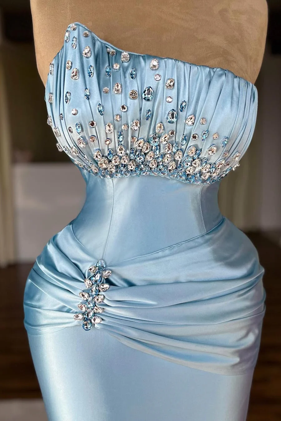 Beautiful Blue Strapless Sleeveless Satin Mermaid Prom Dresses Gem With Pleats - Image 2