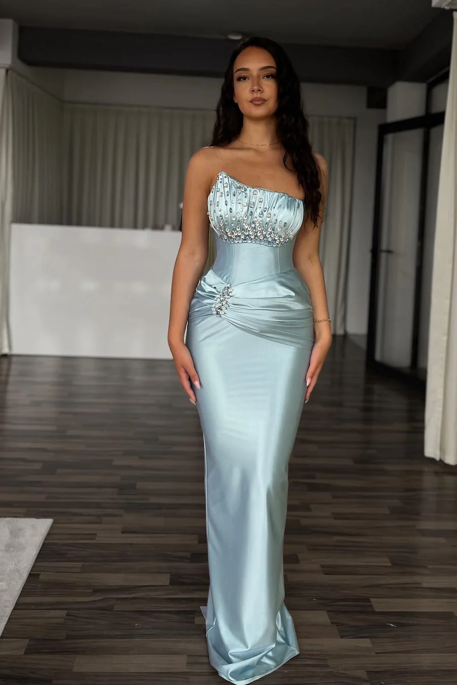 Beautiful Blue Strapless Sleeveless Satin Mermaid Prom Dresses Gem With Pleats - Image 3