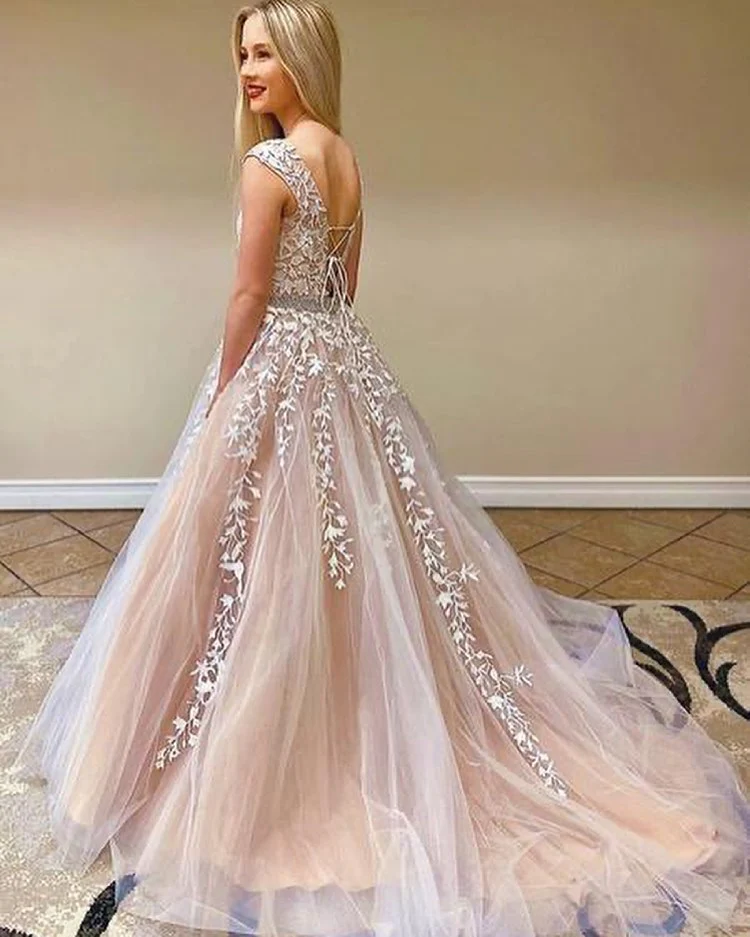 Beautiful Cap Sleeve Lace Prom Dress Long Tulle Evening Party Gowns - Image 2