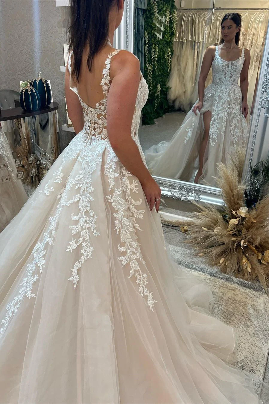 Elegant Sleeveless Straps Lace Wedding Dress Long Slit Online - Image 2