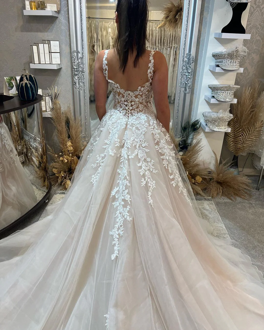 Elegant Sleeveless Straps Lace Wedding Dress Long Slit Online - Image 3