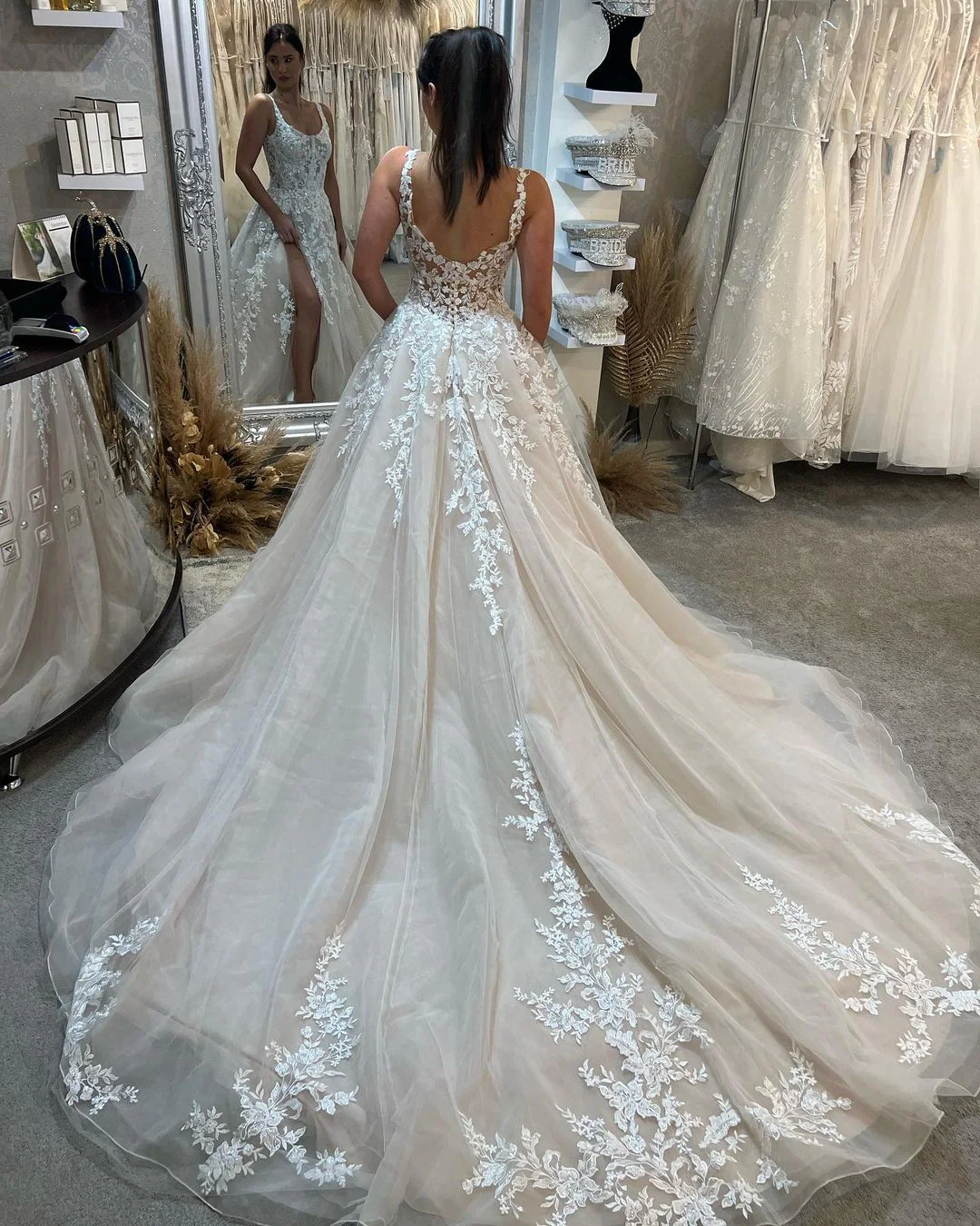 Elegant Sleeveless Straps Lace Wedding Dress Long Slit Online - Image 4