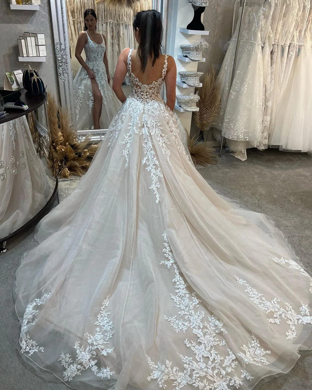 Elegant Sleeveless Straps Lace Wedding Dress Long Slit Online - Image 5