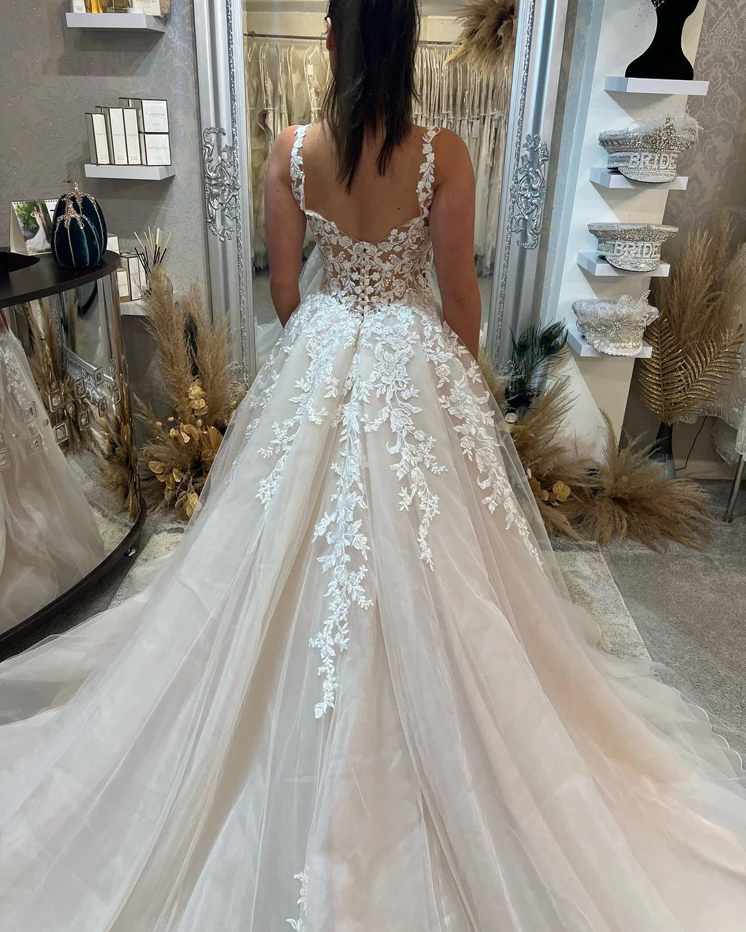 Elegant Sleeveless Straps Lace Wedding Dress Long Slit Online - Image 6