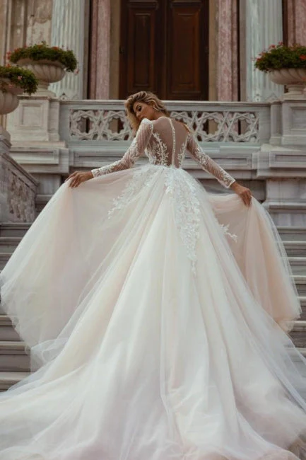 Ballbella Modern Lace Long Sleeves Mermaid Wedding Gowns With Detachable Train V-neck - Image 2