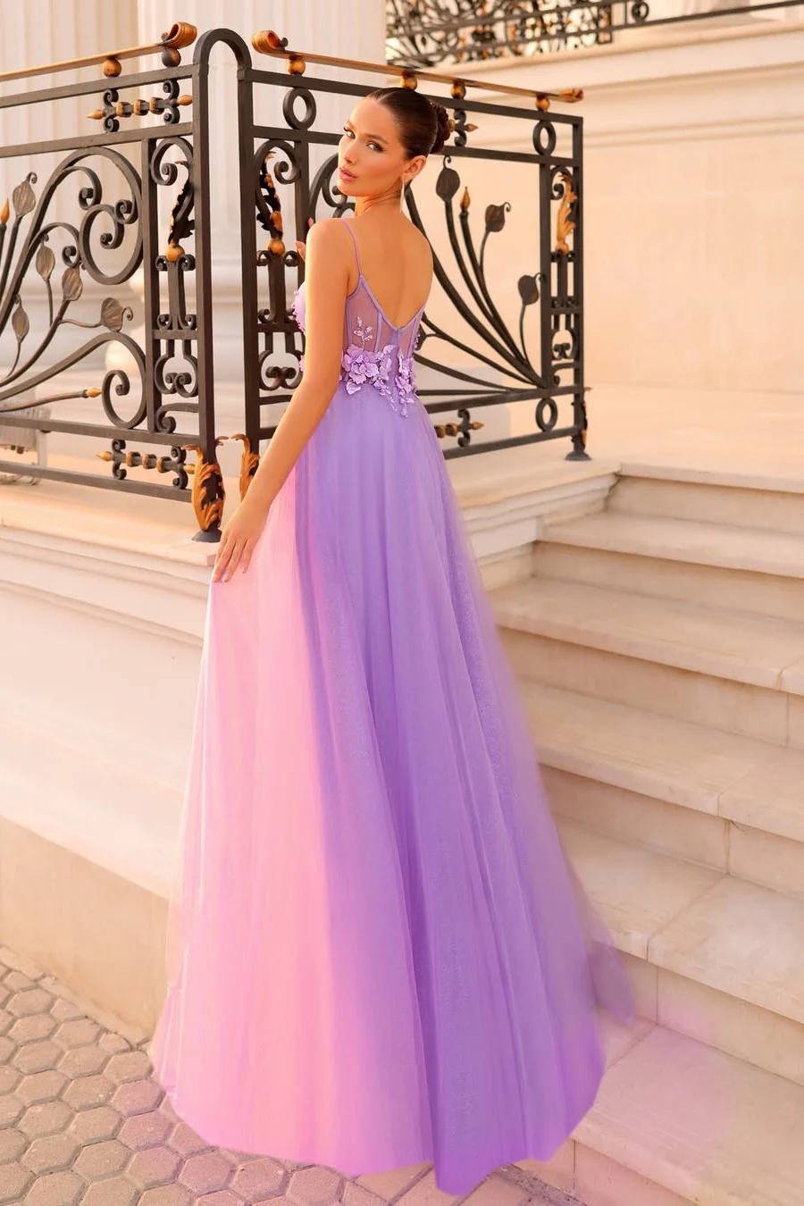 Beautiful Lilac Spaghetti-Strap Sleeveless Tulle Prom Dress A-Line With Zipper Flower - Image 2
