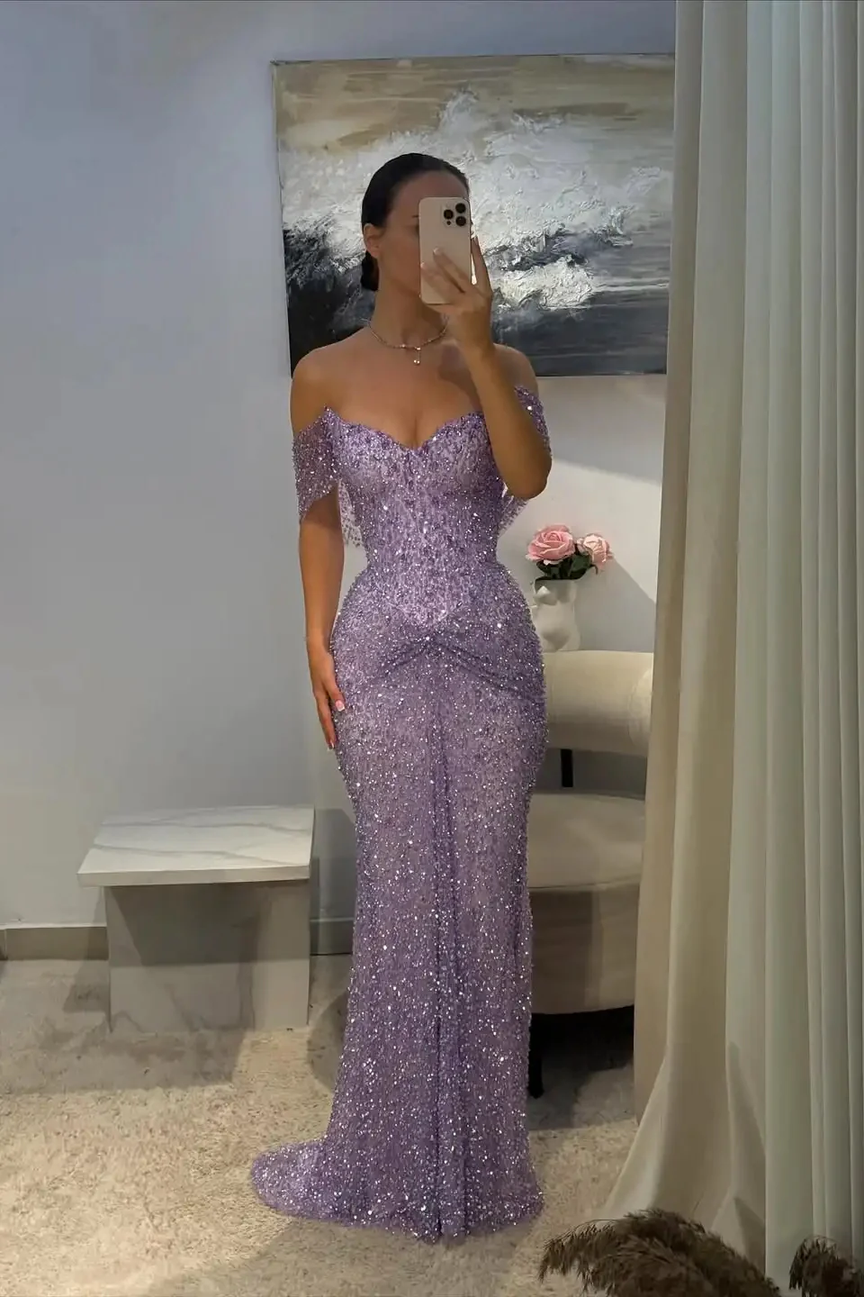 Beautiful Lilac V-Neck Off-The-Shoulder Sequins Prom Dress Mermaid Column With Beads - Image 6