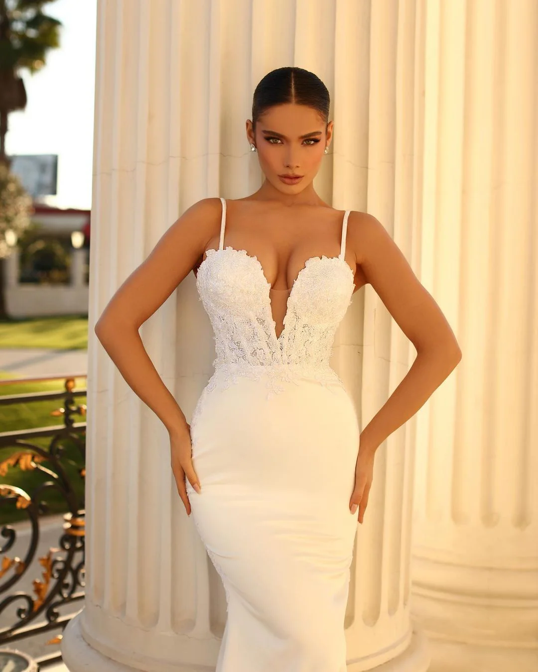 Fabulous Long Ivory Mermaid Spaghetti Straps Lace Satin Laced-up Wedding Dress - Image 3