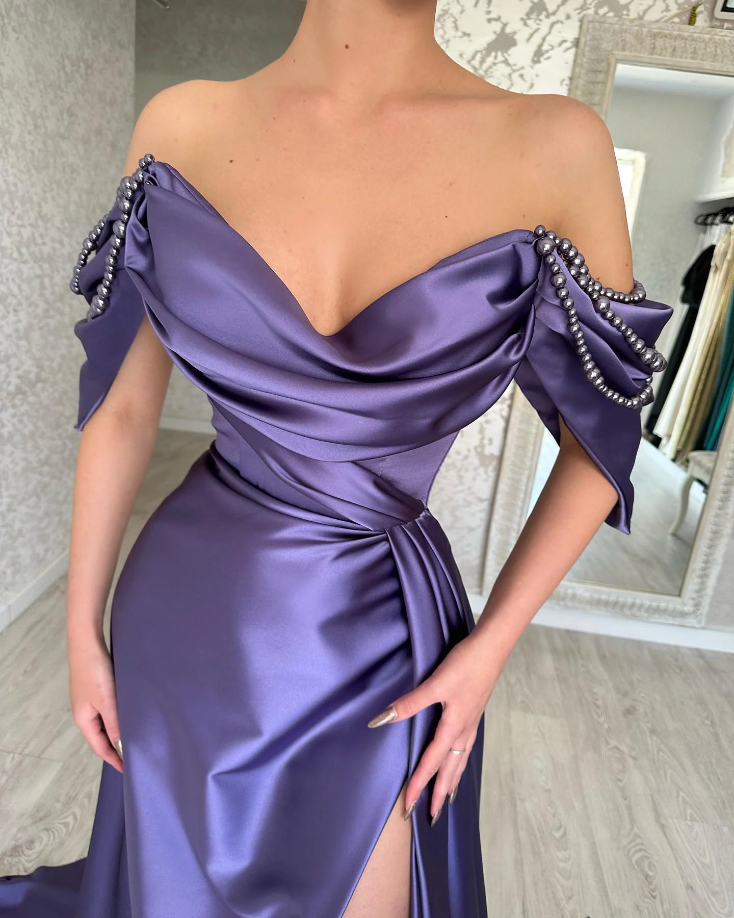 Elegant Long Purple Off-the-Shoulder Sleeveless Prom Dresses Long Slit Online - Image 5
