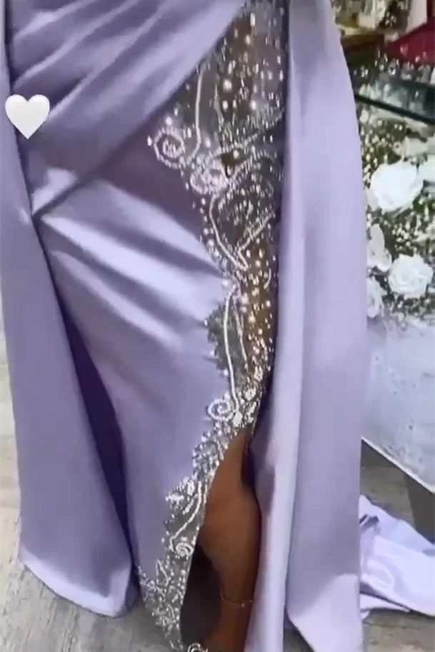 Amazing Long Purple High Neck Lace Beading Satin Evening Dress With Slit - Image 2