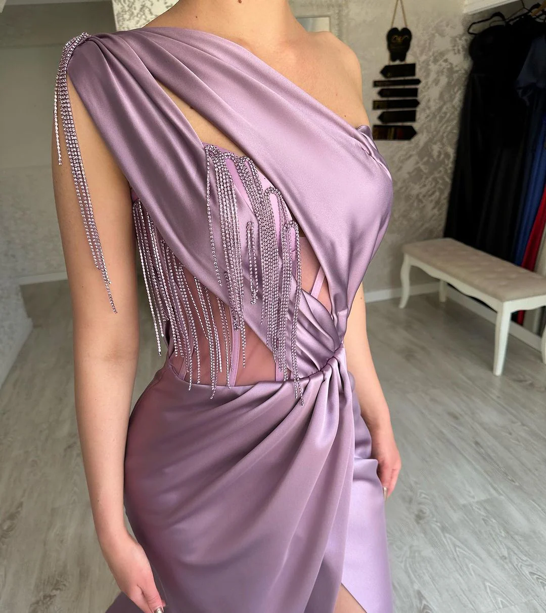Elegant Long Purple One Shoulder Beading Sleeveless Prom Dresses Long Slit Online - Image 3