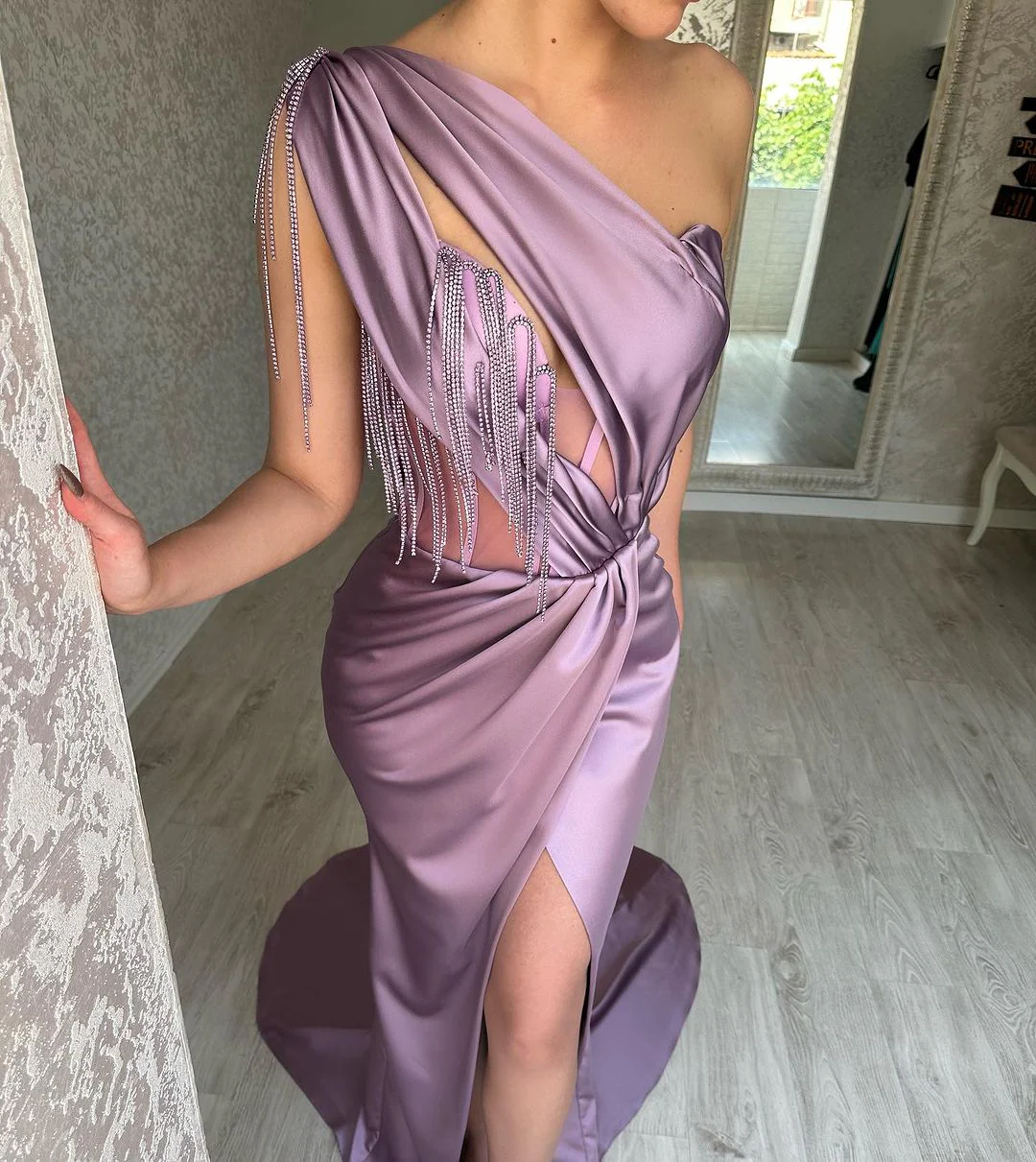 Elegant Long Purple One Shoulder Beading Sleeveless Prom Dresses Long Slit Online - Image 4
