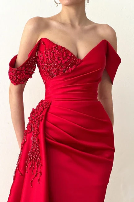 Elegant Long Red Mermaid Off-the-Shoulder Lace Prom Dresses - Image 2