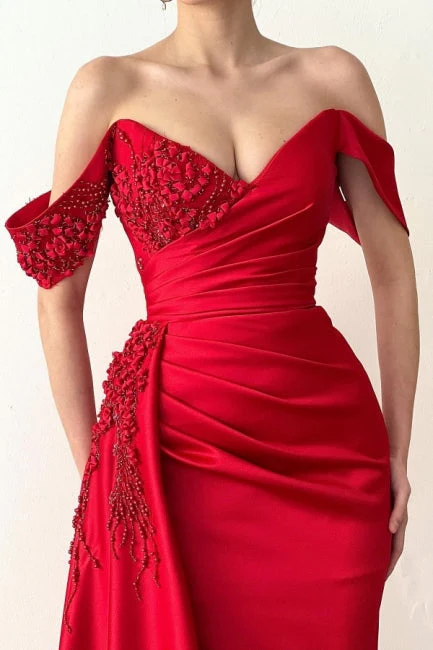 Elegant Long Red Mermaid Off-the-Shoulder Lace Prom Dresses - Image 3
