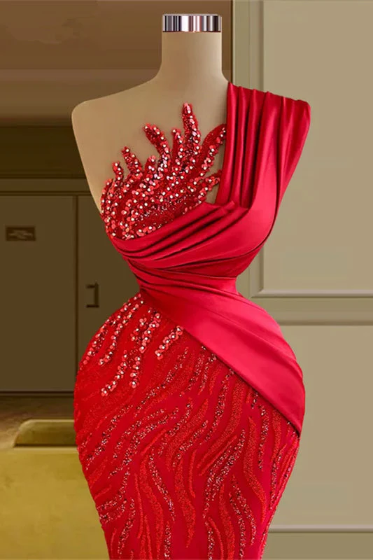 Gorgeous Long Red Mermaid One Shoulder Lace Sequined Sleeveless Prom Dress - Image 2