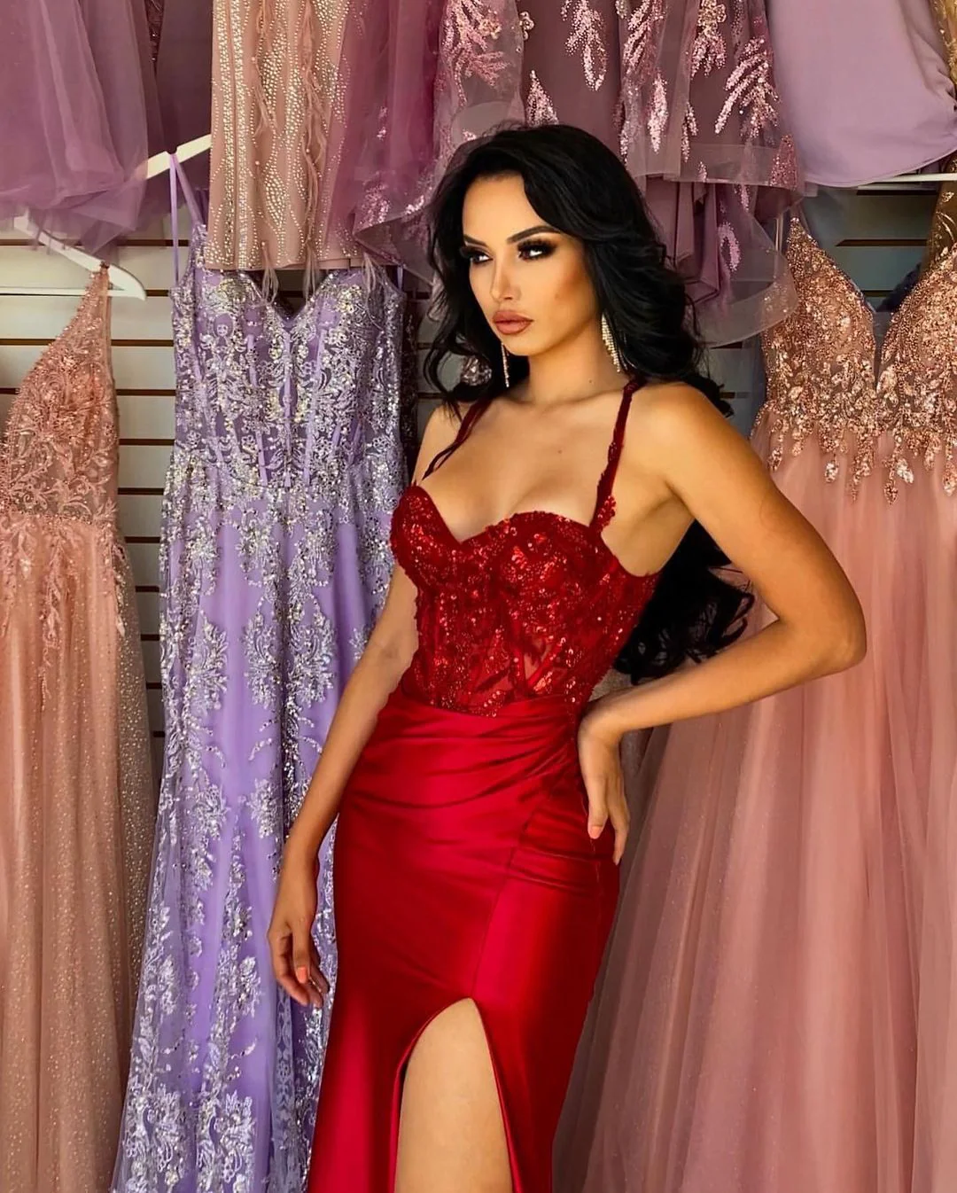 Elegant Long Red Spaghetti Straps Sequins Lace Sleeveless Prom Dresses Long Slit Online - Image 3