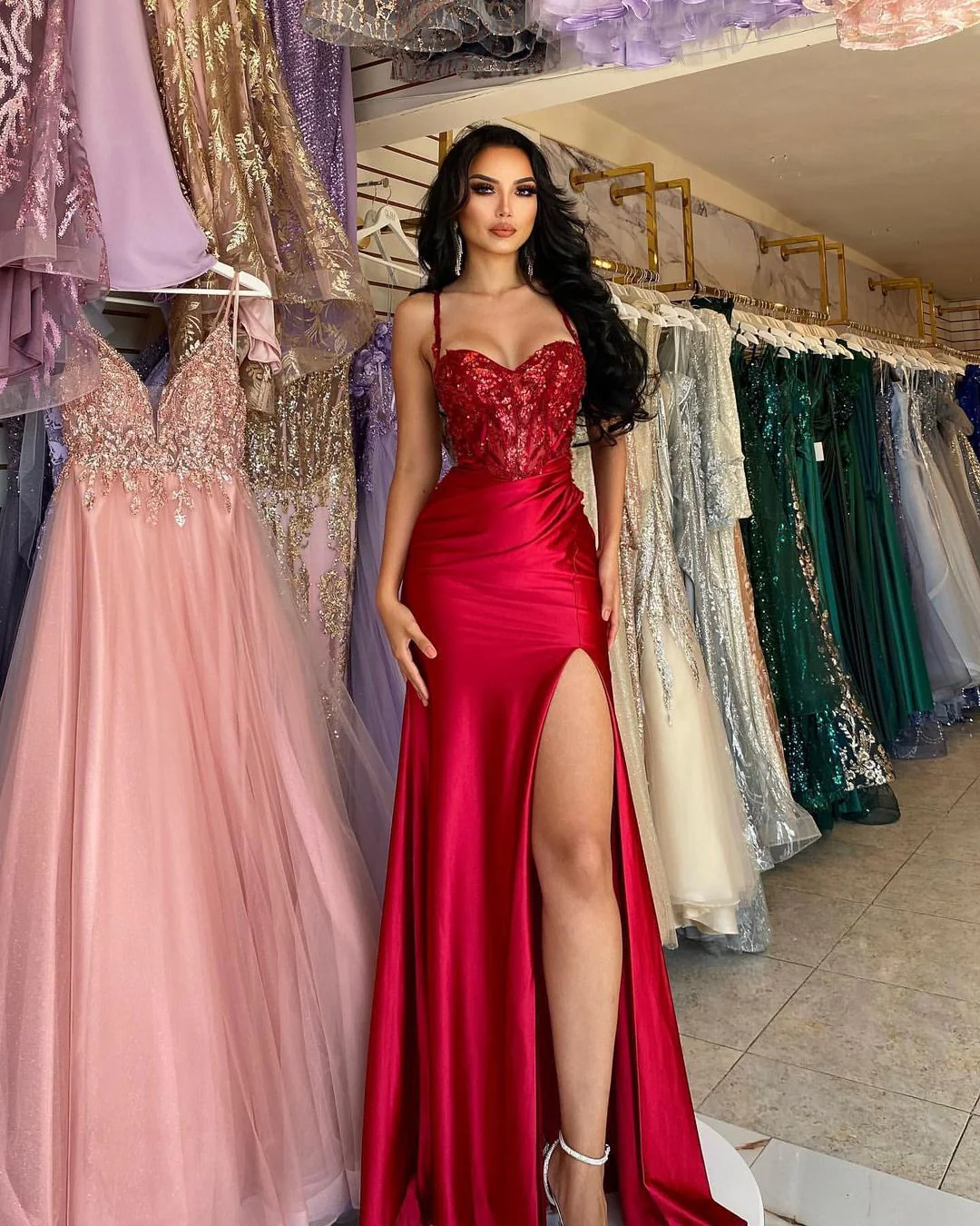 Elegant Long Red Spaghetti Straps Sequins Lace Sleeveless Prom Dresses Long Slit Online - Image 4
