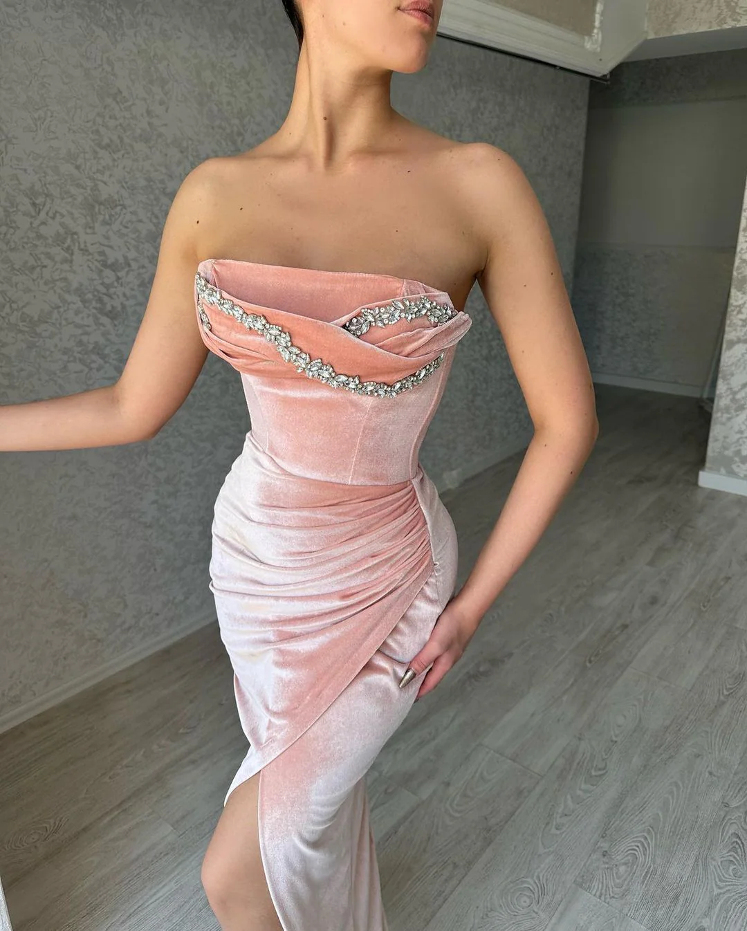 Elegant Mermaid Classic Sleeveless Crystal Prom Dresses Long Slit Online - Image 2