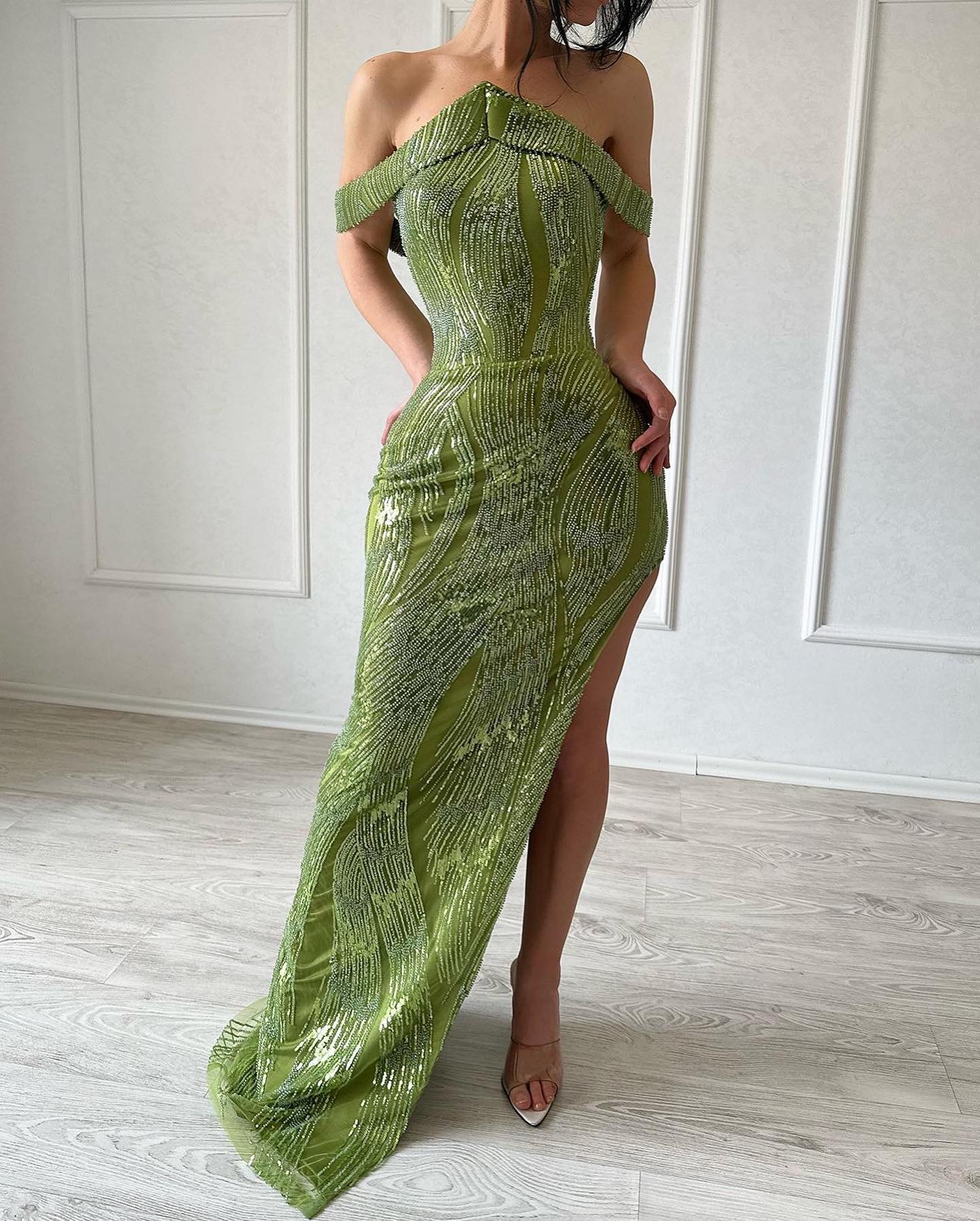 Fabulous Mermaid Sleeveless Satin Sequined Split Limegreen Prom Dress - Image 3