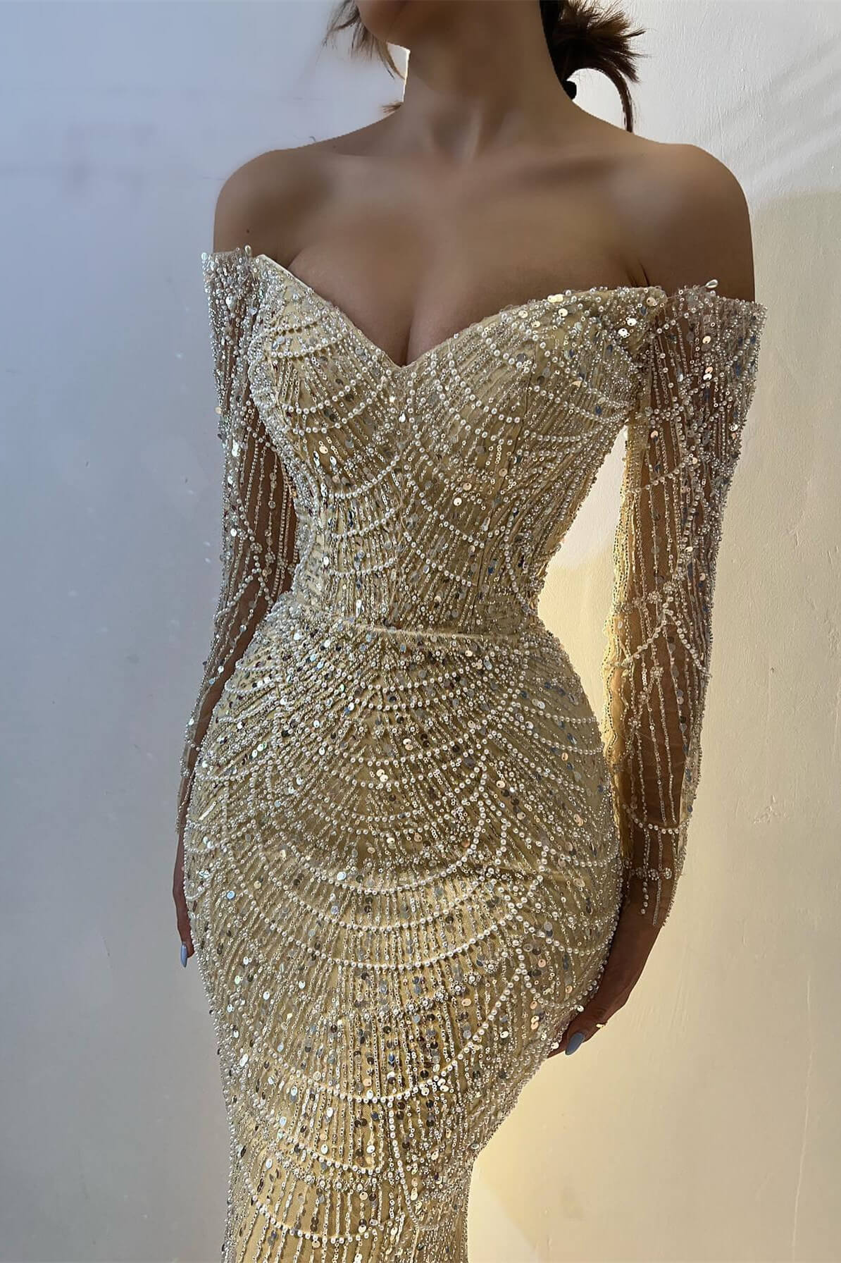 Beautiful Off-the-Shoulder Long Sleeves Prom Dress Mermaid Pearls With Beads - Image 2