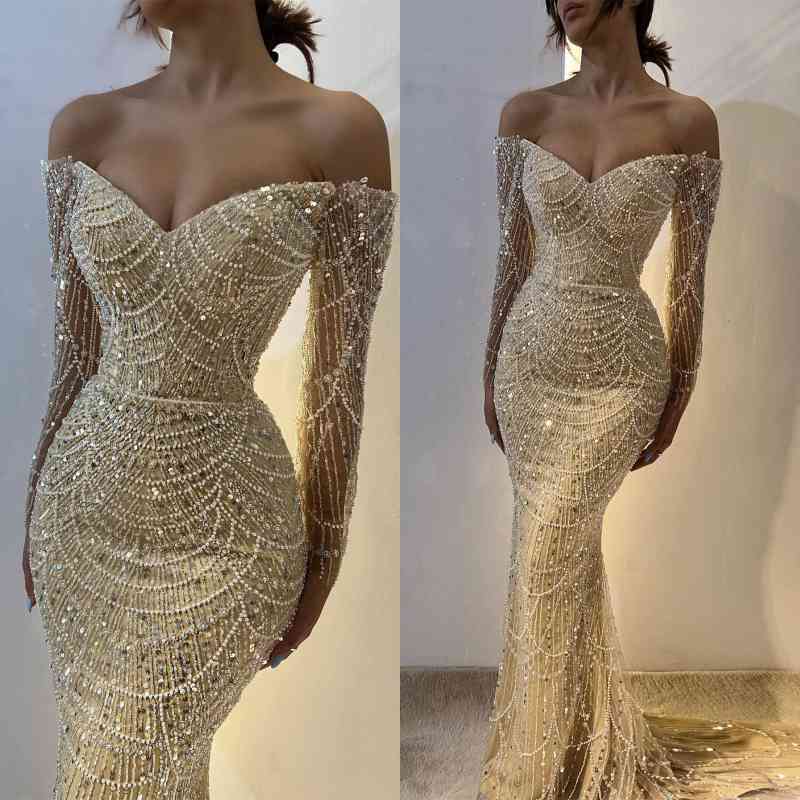Beautiful Off-the-Shoulder Long Sleeves Prom Dress Mermaid Pearls With Beads - Image 3