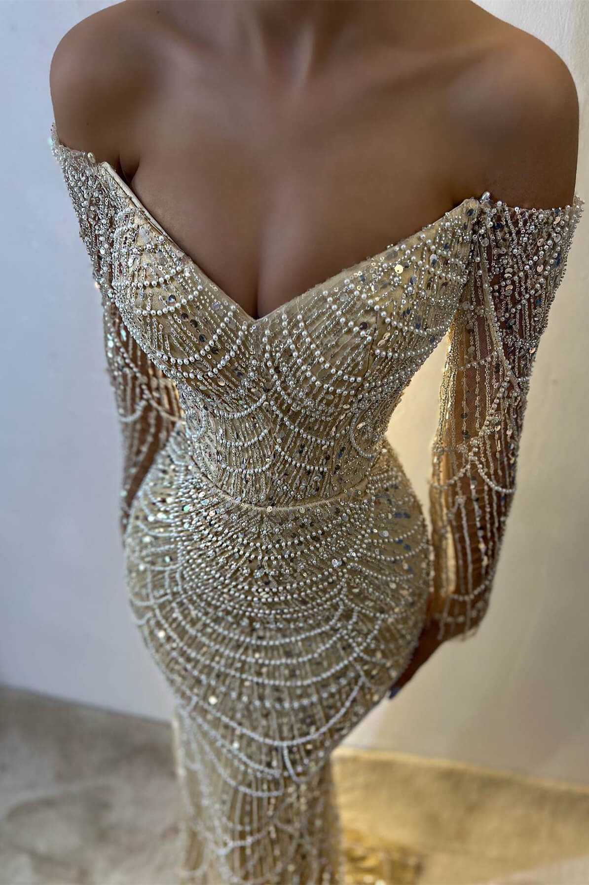 Beautiful Off-the-Shoulder Long Sleeves Prom Dress Mermaid Pearls With Beads - Image 6