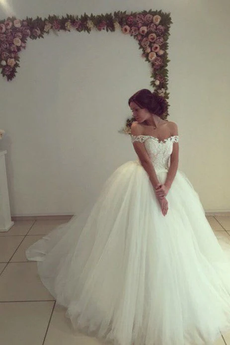 Beautiful Off the Shoulder Tulle Chapel Train Ball Gown Wedding Dresses - Image 3